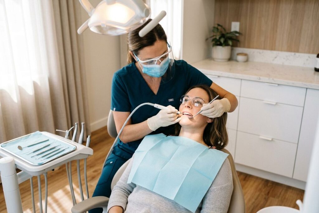 A person getting their teeth working on during a visit to the dentist