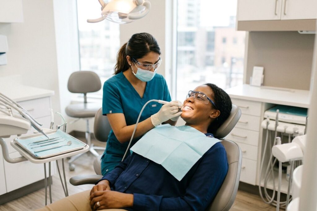 Dental hygienist using a scaling instrument to clean a patient's teeth during a professional dental cleaning