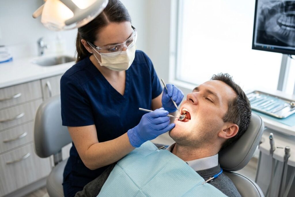 Person examining their teeth in a bathroom mirror to check for signs of a cavity.